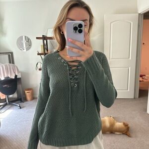 Green lace up long sleeve sweater, no damage
